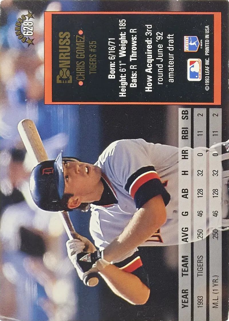 1994 Donruss Chris Gomez #626 Detroit Tigers, back