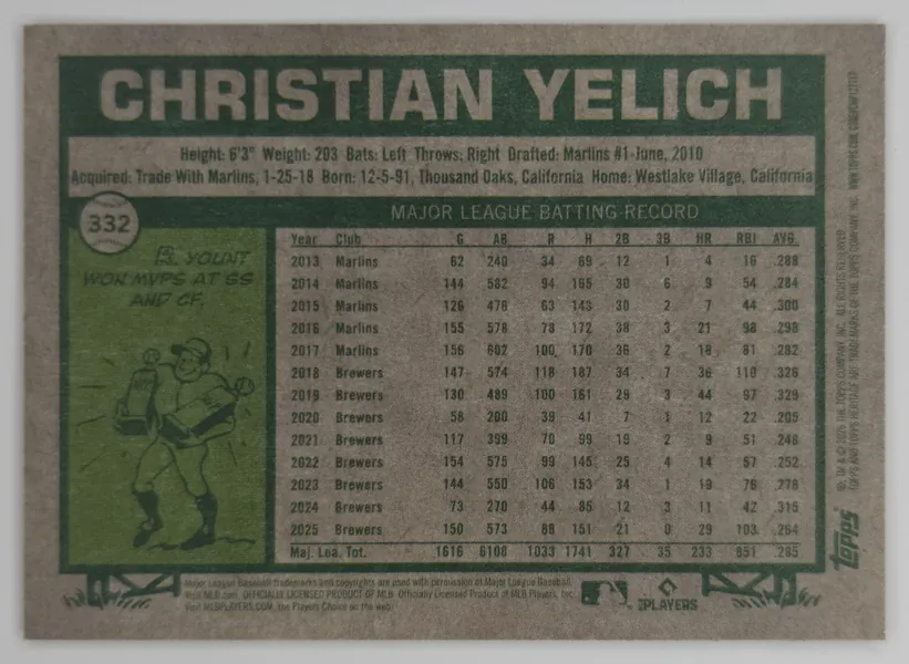 2026 Topps Heritage Christian Yelich #332 Dark Gray Border Parallel Milwaukee Brewers back