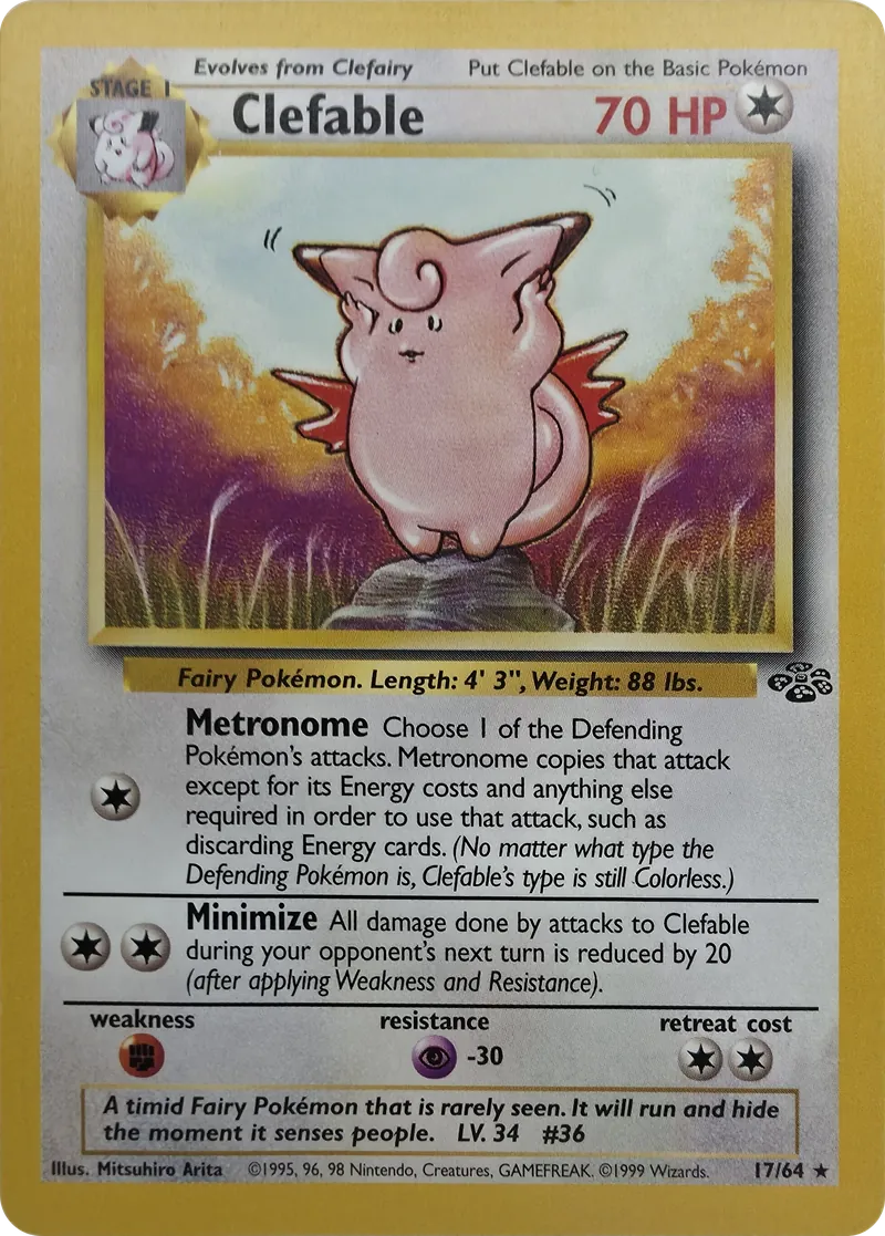 1999 Pokemon Jungle Clefable #17/64 Unlimited Non-Holo Rare, front