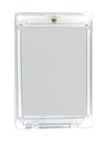 The collector case's magnetic one-touch holder, empty, frame side: the recessed card channel and the magnet at the top