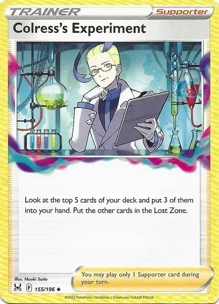 2022 Pokemon Lost Origin Colress's Experiment #155/196 Uncommon Trainer front, flatbed scan (shows surface detail)