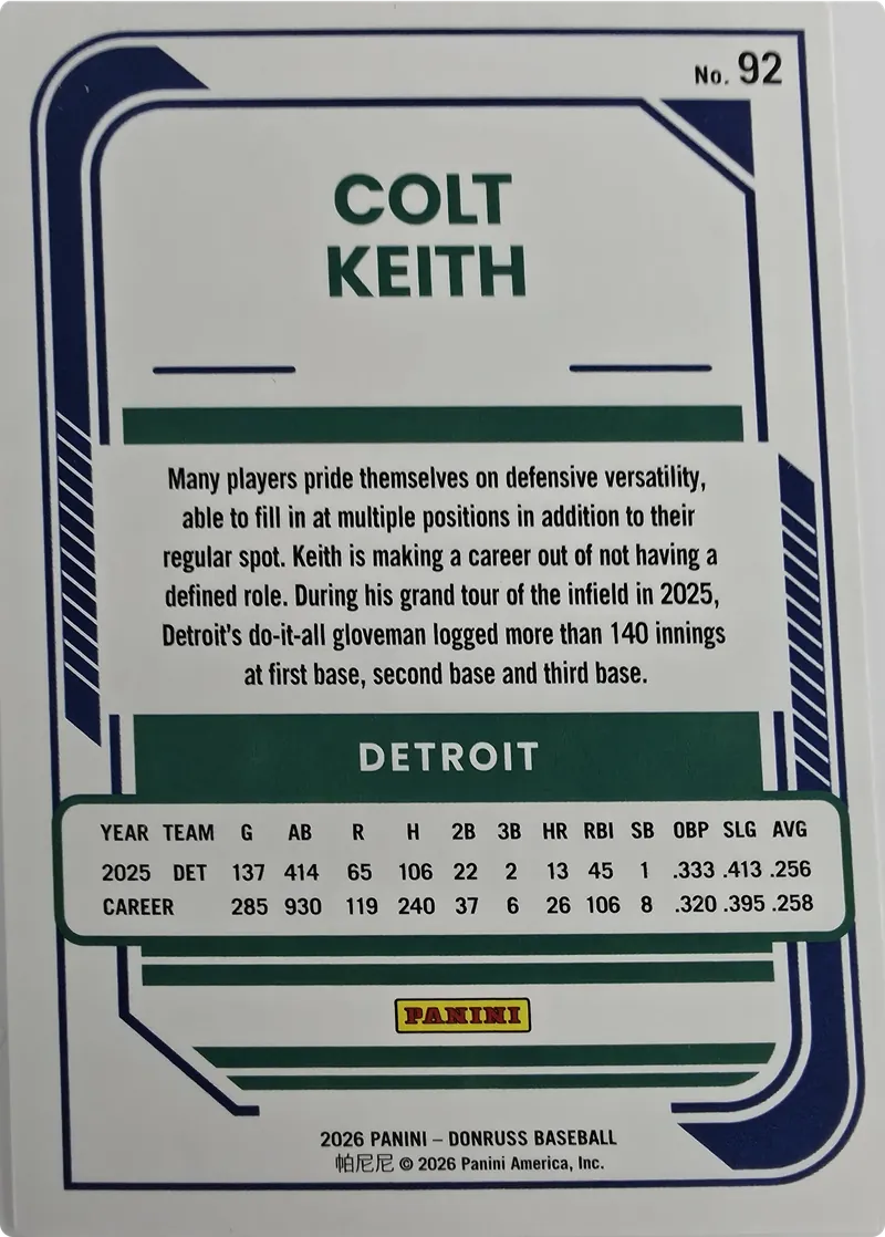 2026 Donruss Baseball Colt Keith #92 Base, back