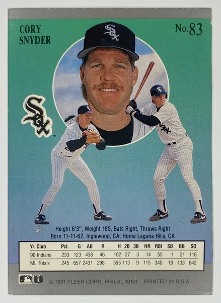 1991 Fleer Ultra Cory Snyder #83 Chicago White Sox back