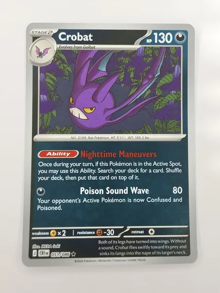 2026 Pokemon Chaos Rising Crobat #051/086 Reverse Holo Rare photo 3