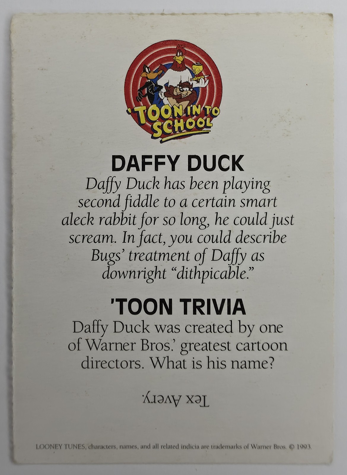 Daffy Duck 'Toon In To School card back