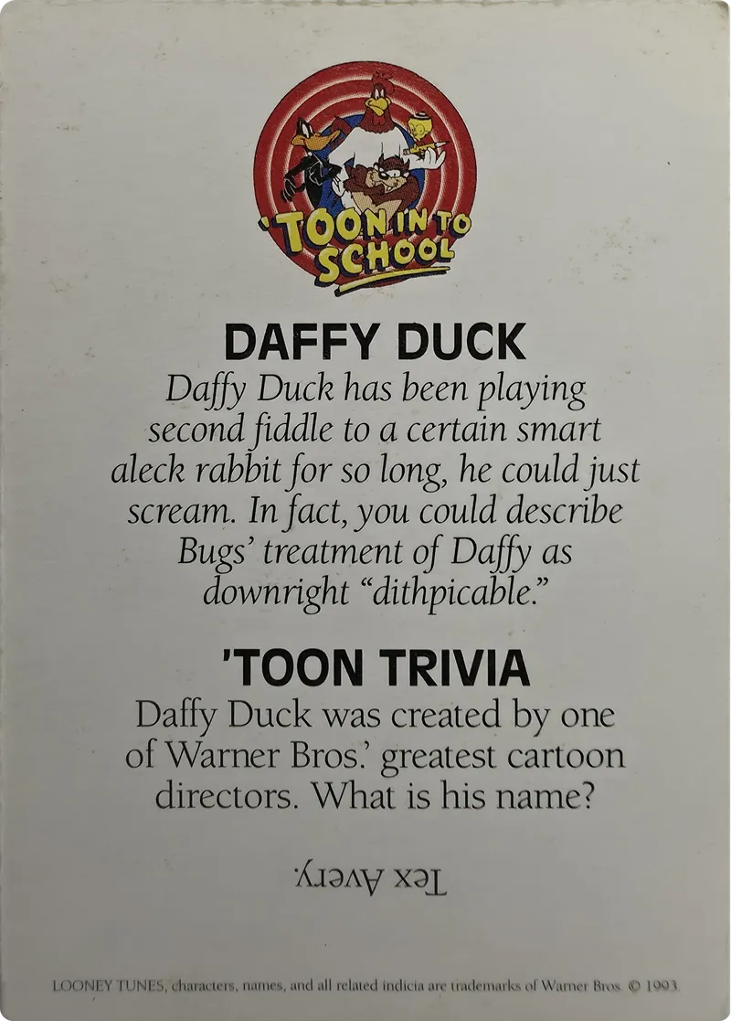1993 Warner Bros. Looney Tunes 'Toon In To School Daffy Duck, back