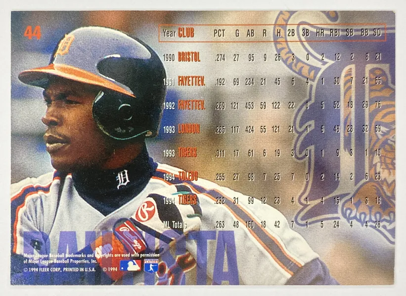 1995 Fleer Danny Bautista #44 Detroit Tigers back