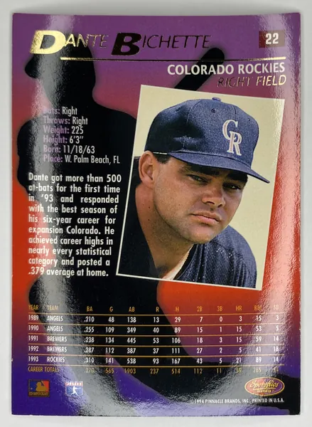 1994 Sportflics 2000 Dante Bichette #22 Colorado Rockies back