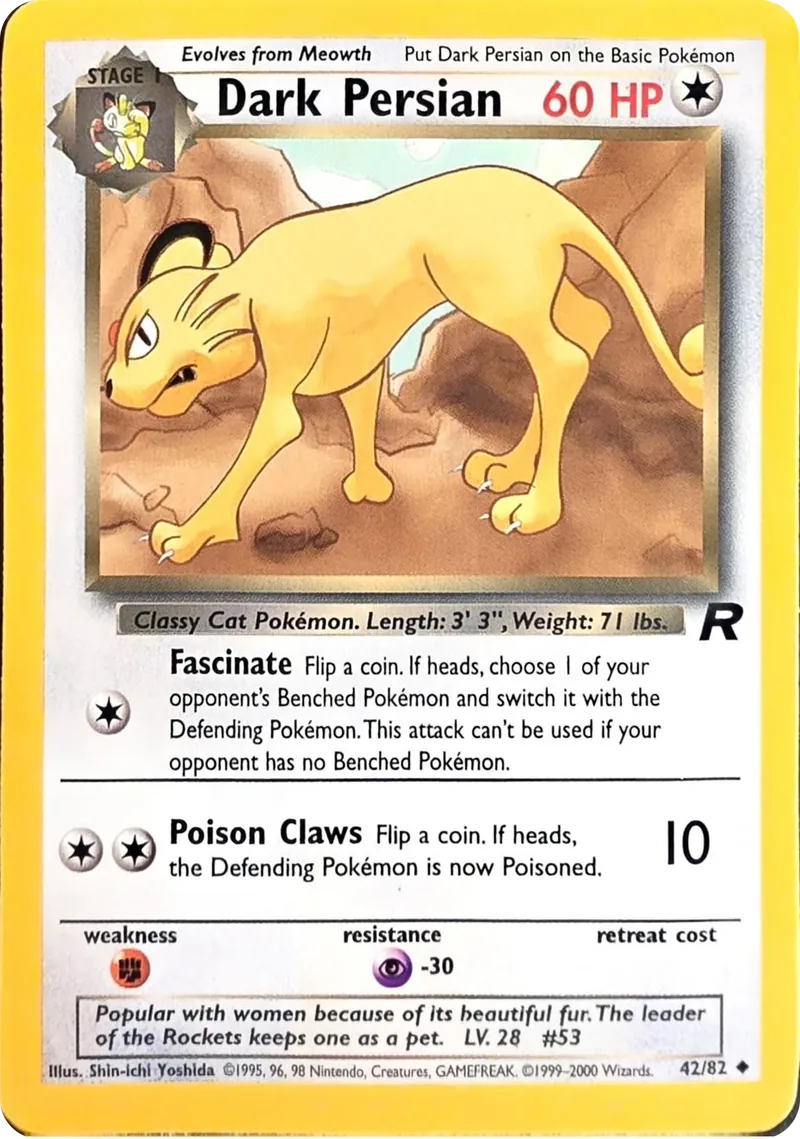 2000 Pokemon Team Rocket Dark Persian #42/82 Unlimited Uncommon, front