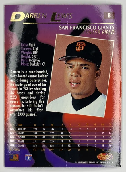1994 Sportflics 2000 Darren Lewis #8 San Francisco Giants back