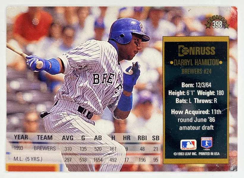 1994 Donruss Darryl Hamilton #398 Milwaukee Brewers back