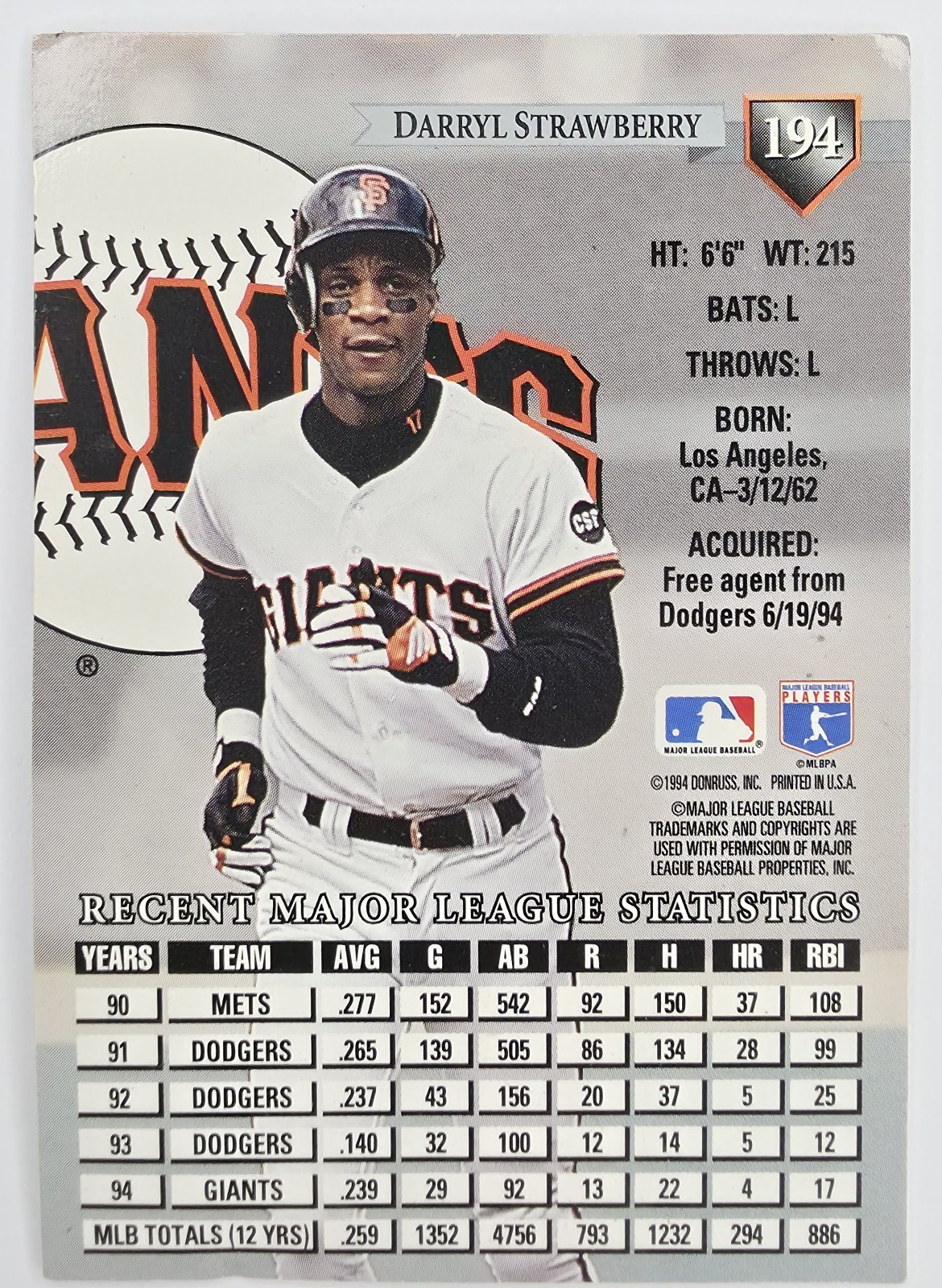 1995 Donruss Darryl Strawberry #194 San Francisco Giants back