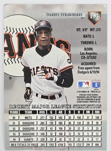 1995 Donruss Darryl Strawberry #194 San Francisco Giants back