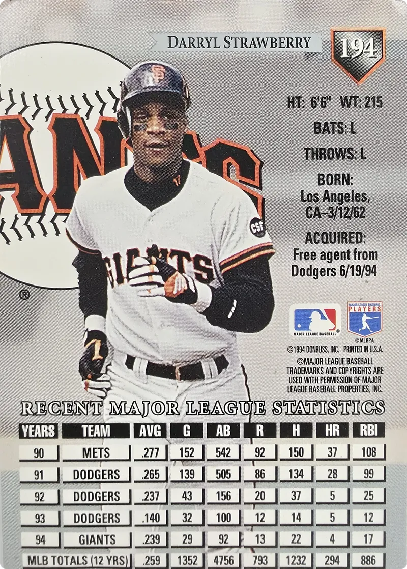1995 Donruss Darryl Strawberry #194 San Francisco Giants, back