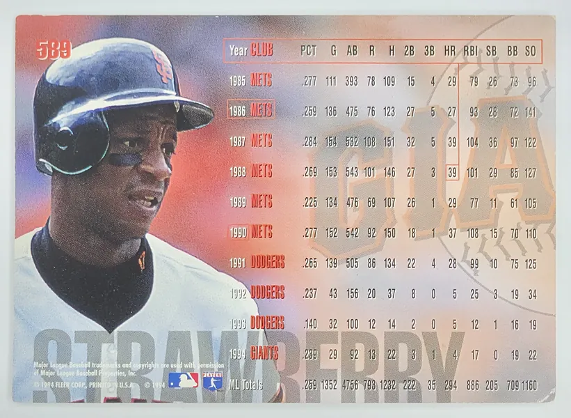 1995 Fleer Darryl Strawberry #589 San Francisco Giants back