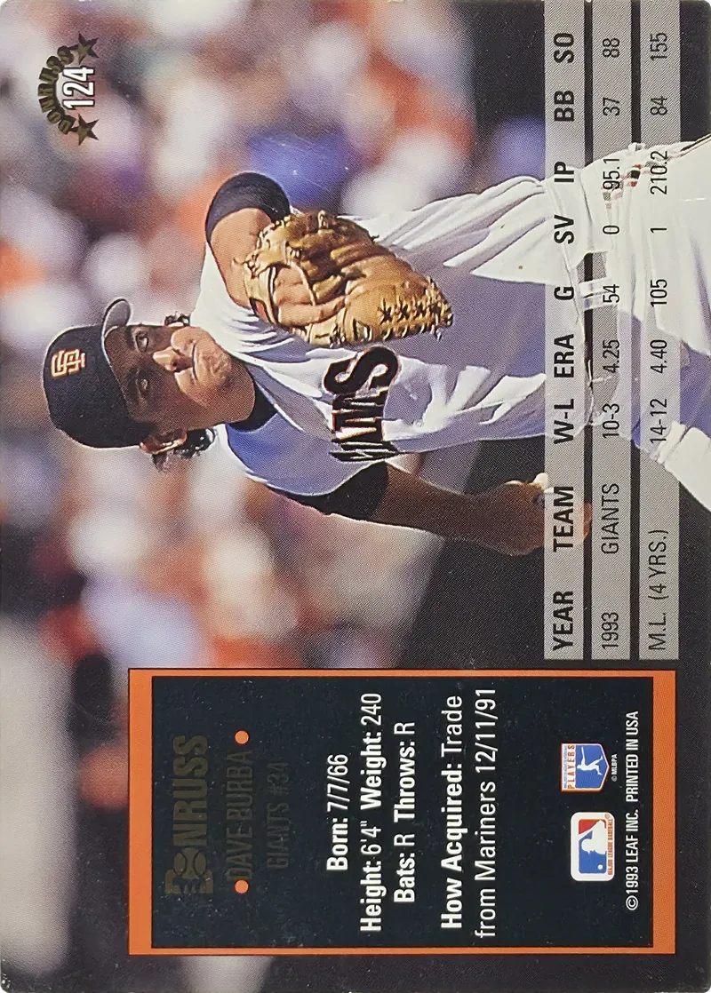 1994 Donruss Dave Burba #124 San Francisco Giants, back