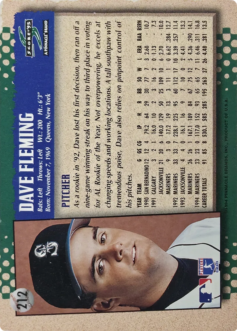 1995 Score Dave Fleming #212 Seattle Mariners, back