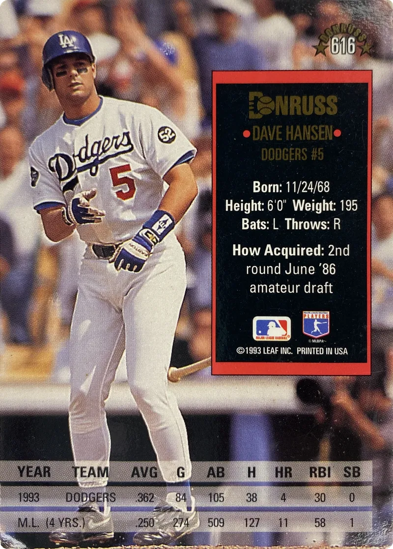 1994 Donruss Dave Hansen #616 Los Angeles Dodgers back