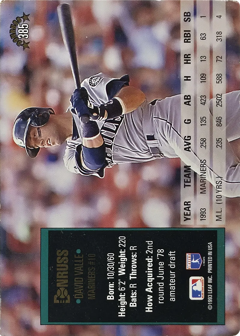1994 Donruss Dave Valle #385 Seattle Mariners, back