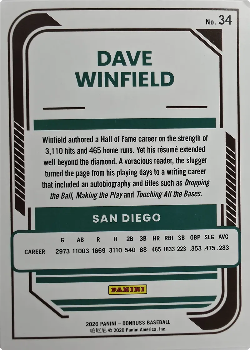 2026 Donruss Baseball Dave Winfield #34 Base, back