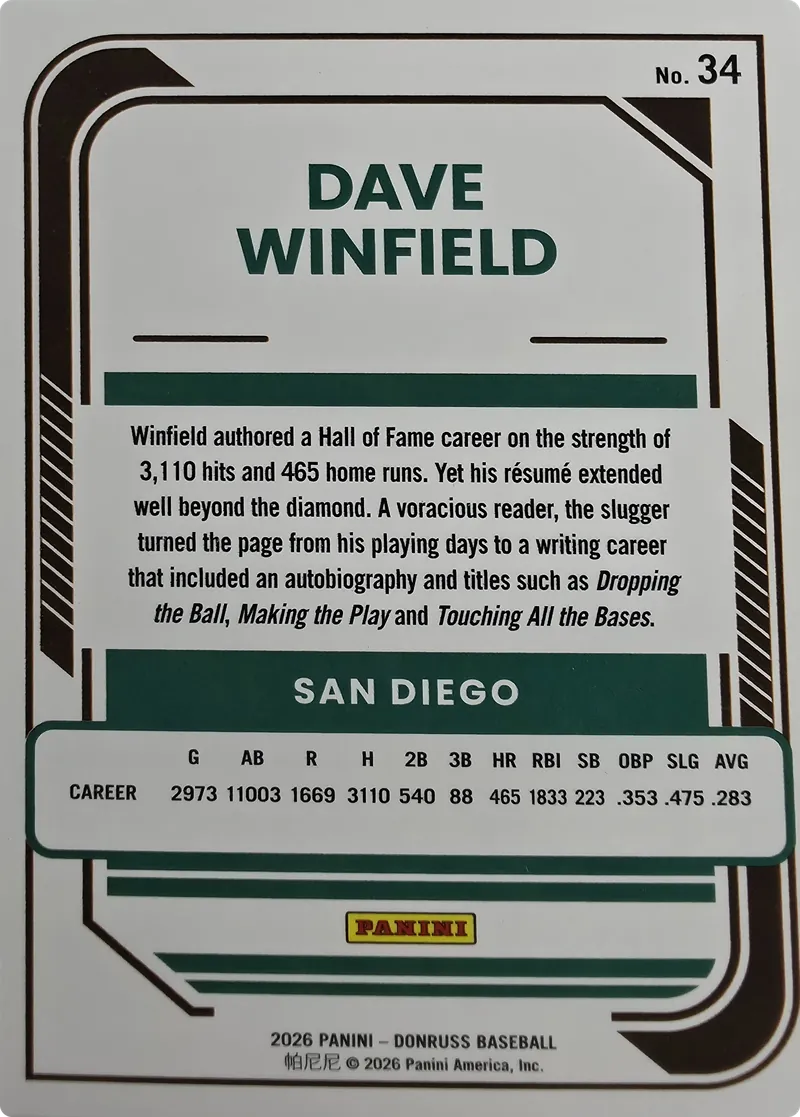 2026 Donruss Baseball Dave Winfield #34 Base, back