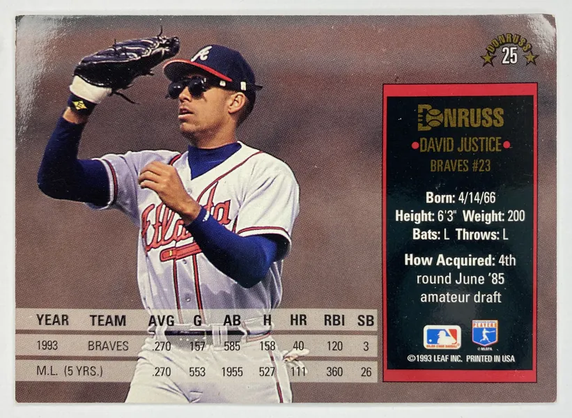 1994 Donruss David Justice #25 Atlanta Braves back