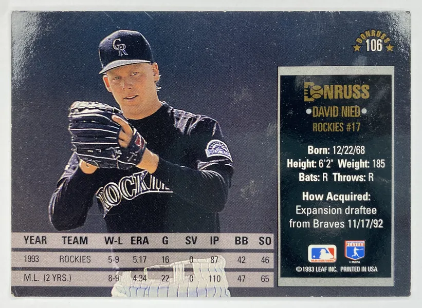 1994 Donruss David Nied #106 Colorado Rockies back