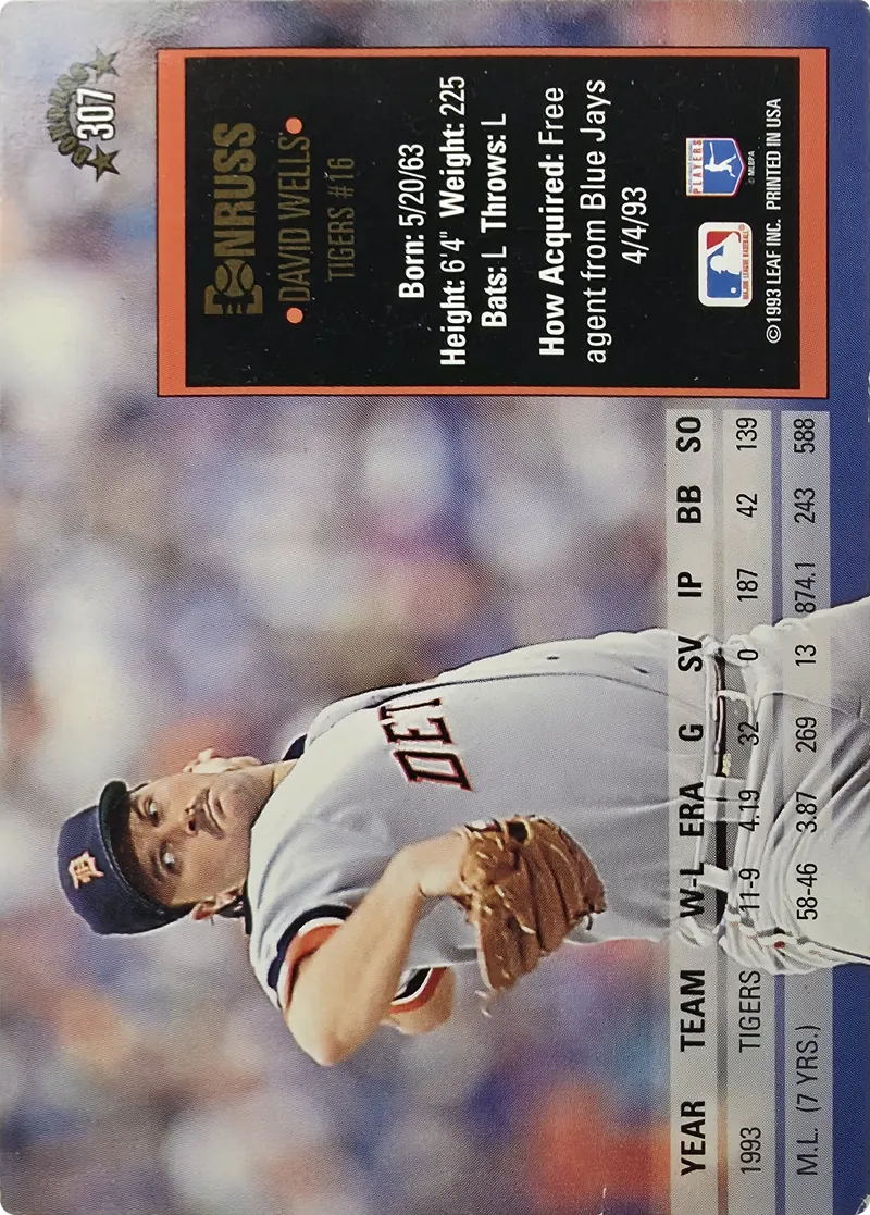 1994 Donruss David Wells #307 Detroit Tigers, back