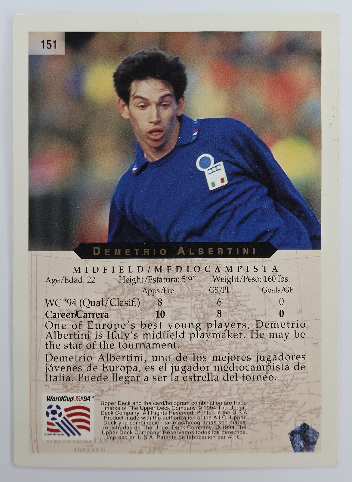 1994 Upper Deck World Cup English/Spanish Demetrio Albertini #151 Italy back