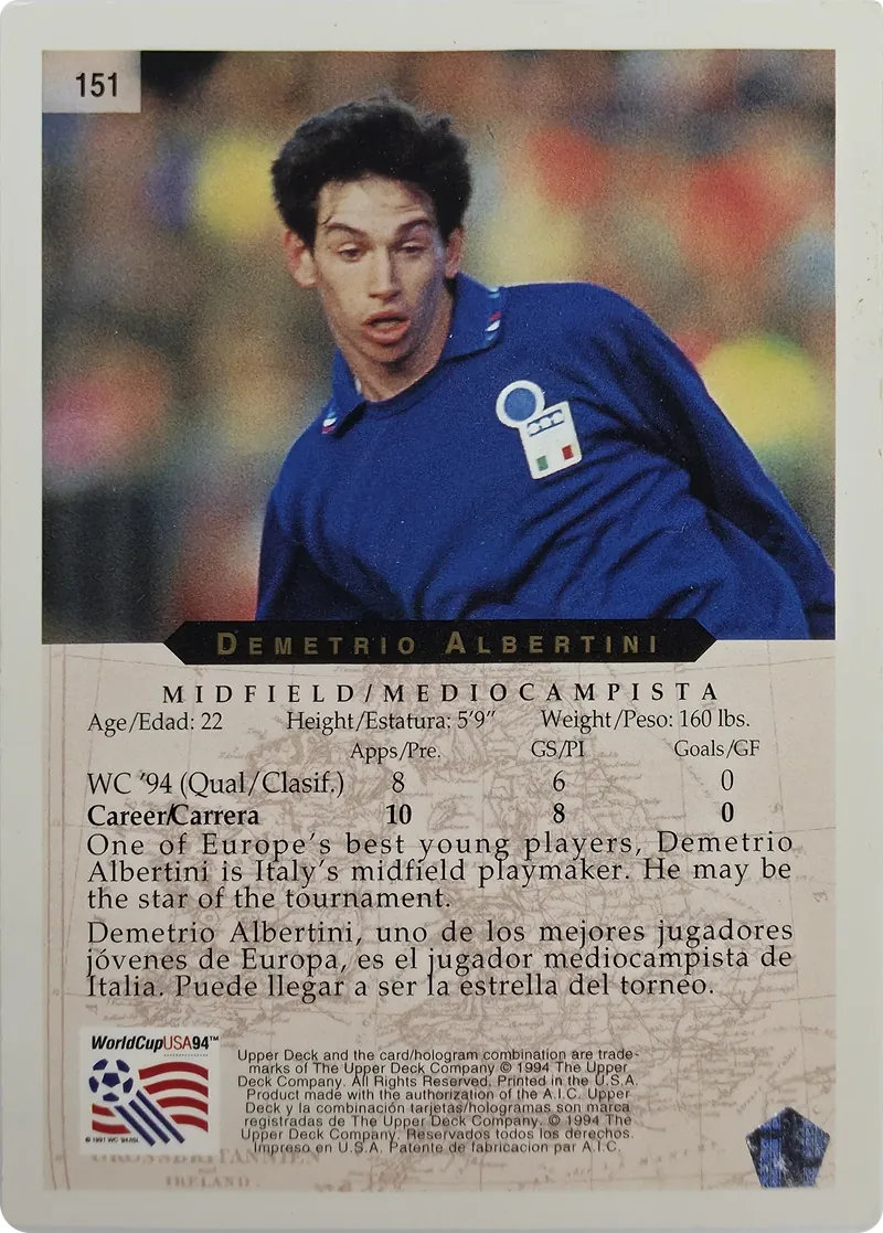 1994 Upper Deck World Cup English/Spanish Demetrio Albertini #151 Italy, back