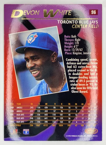 1994 Sportflics 2000 Devon White #96 Toronto Blue Jays back