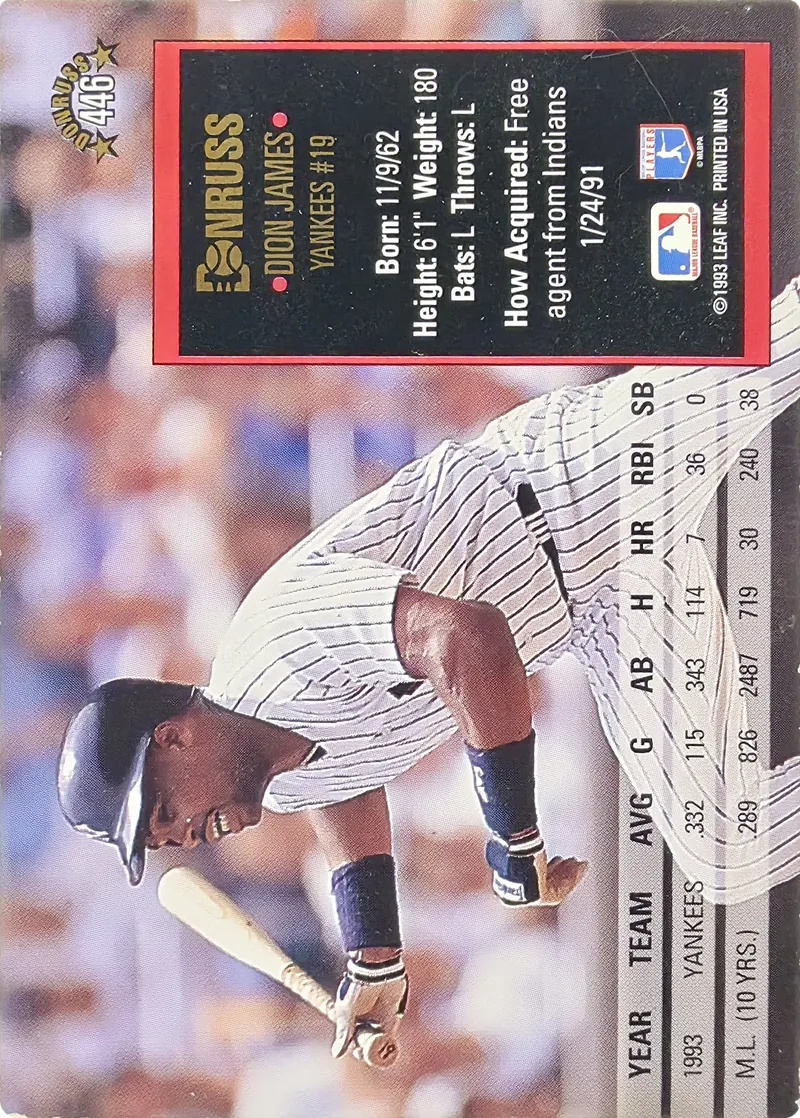 1994 Donruss Dion James #446 New York Yankees, back