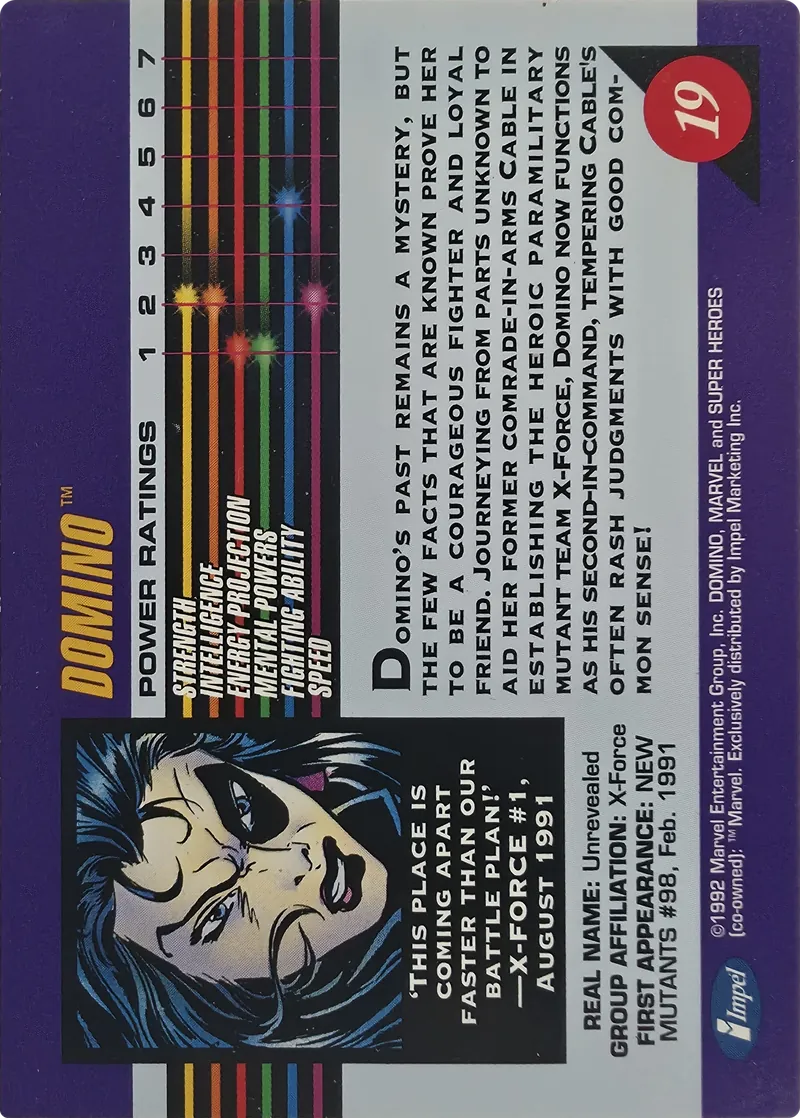 1992 Impel Marvel Universe Series III Domino #19, back