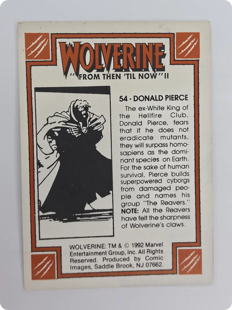 1992 Comic Images Wolverine: From Then 'Til Now II Donald Pierce #54, back