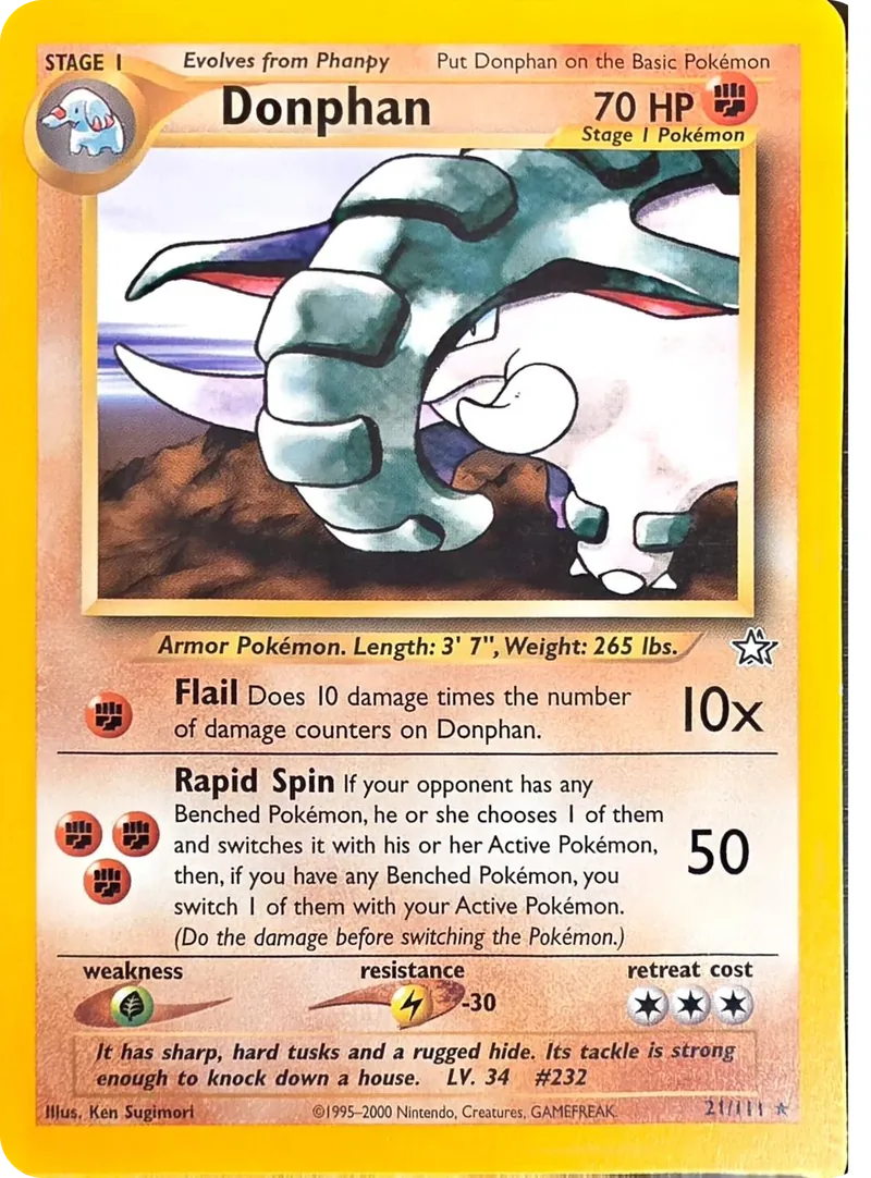 2000 Pokemon Neo Genesis Donphan #21/111 Unlimited Non-Holo Rare, front