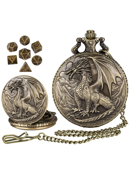 Dragon Pocket Watch Case with 7-Piece Metal Polyhedral Dice Set, photo 1