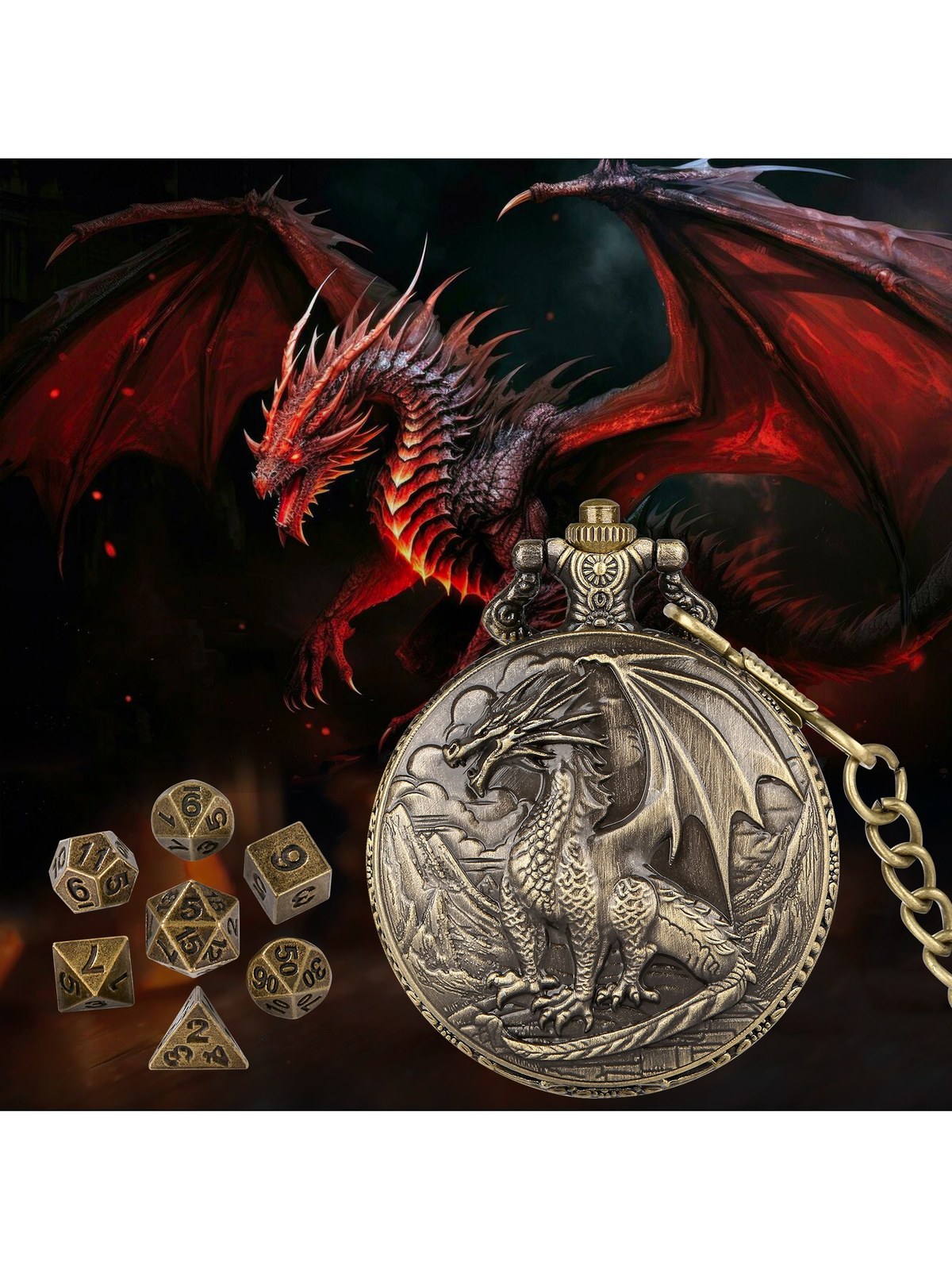 Dragon Pocket Watch Case with 7-Piece Metal Polyhedral Dice Set, photo 2
