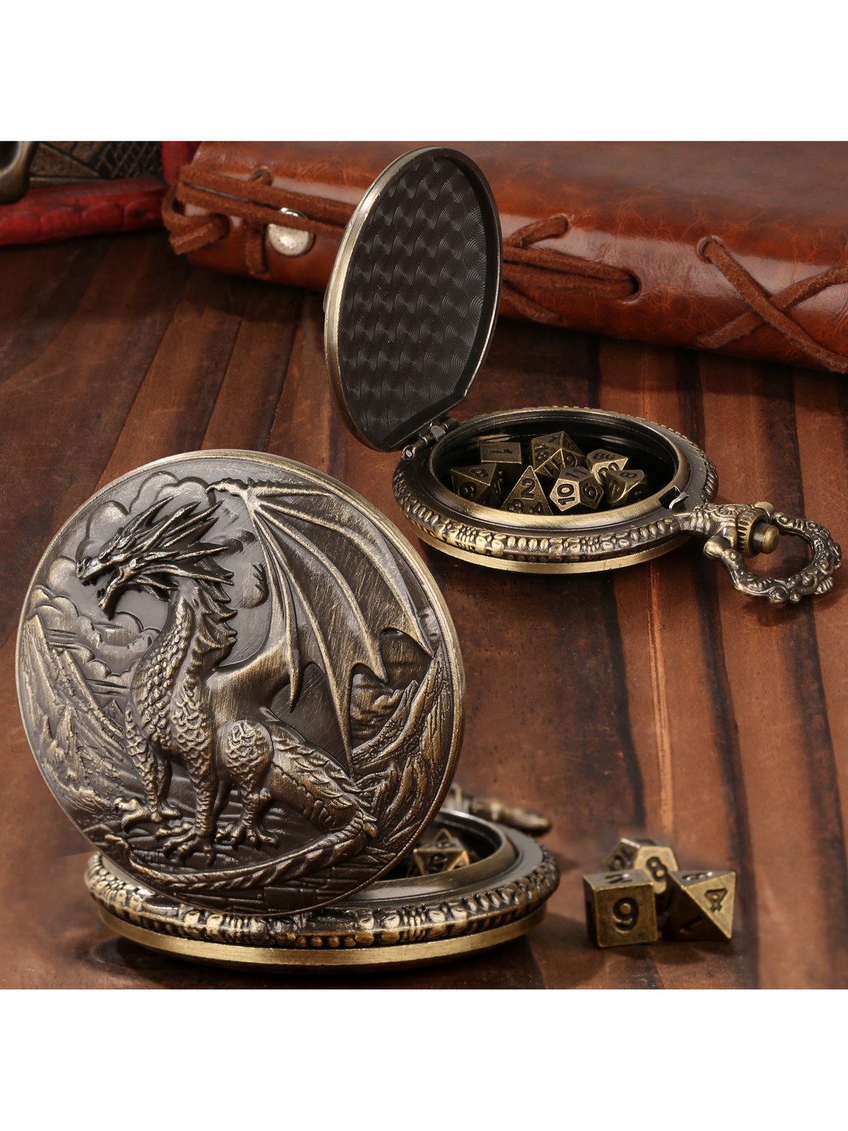 Dragon Pocket Watch Case with 7-Piece Metal Polyhedral Dice Set, photo 3