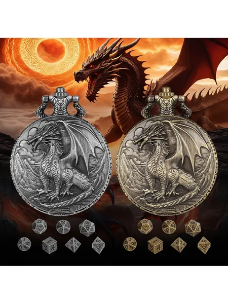 Dragon Pocket Watch Case with 7-Piece Metal Polyhedral Dice Set, photo 4
