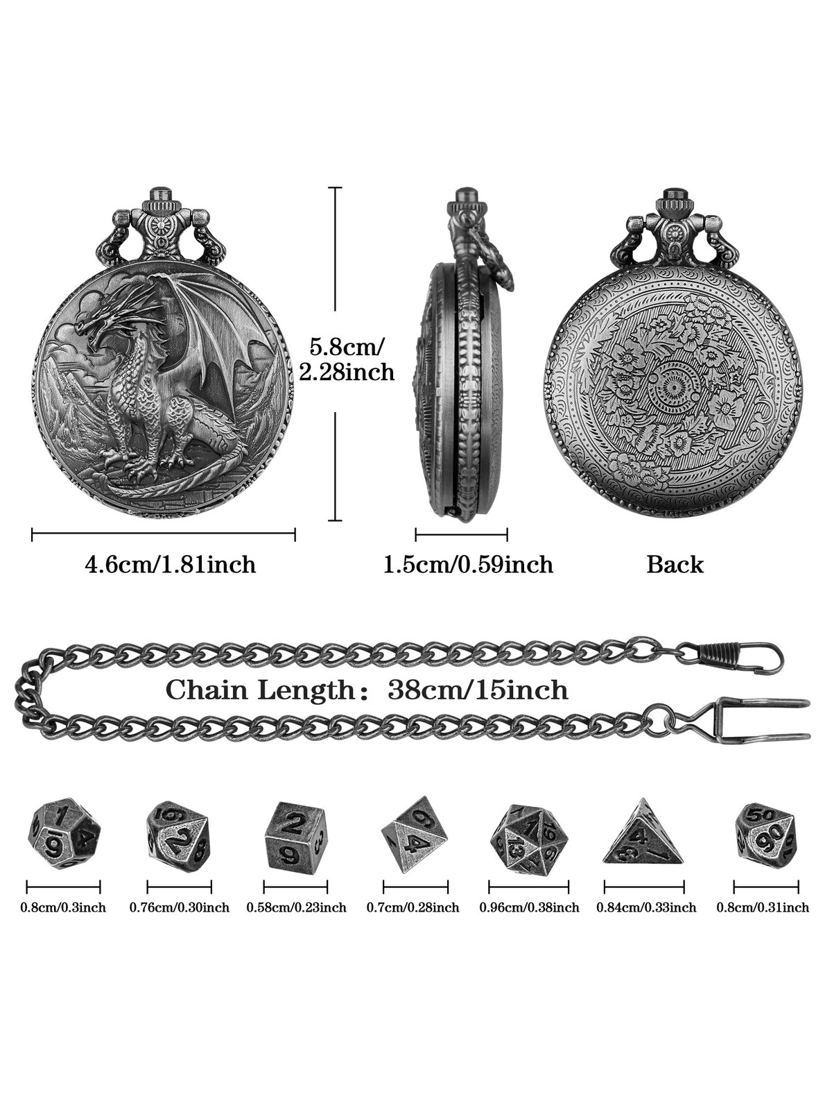 Dragon Pocket Watch Case with 7-Piece Metal Polyhedral Dice Set, photo 5