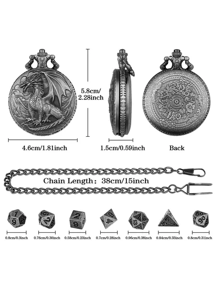 Dragon Pocket Watch Case with 7-Piece Metal Polyhedral Dice Set, photo 5
