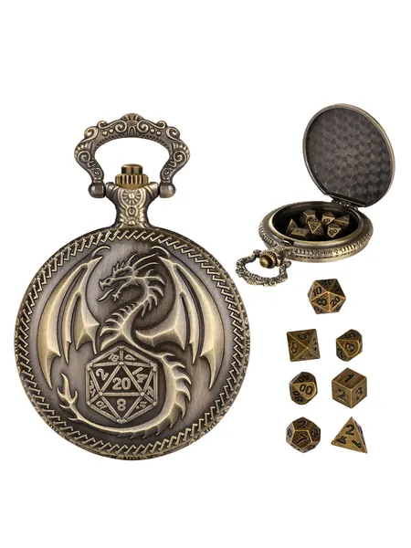 Dragon Pocket Watch Dice Case with 7-Piece Metal Dice Set, photo 1