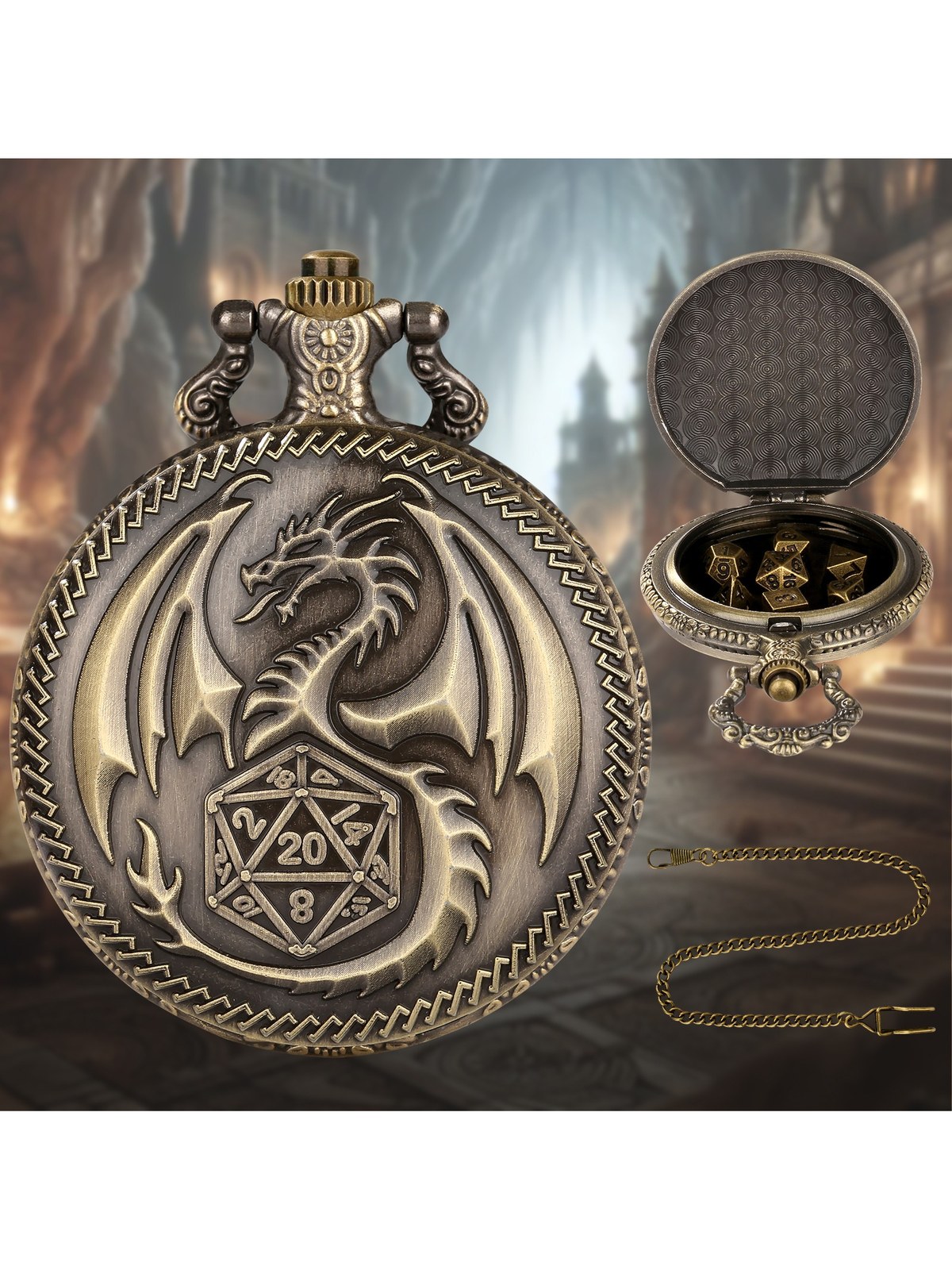 Dragon Pocket Watch Dice Case with 7-Piece Metal Dice Set, photo 2