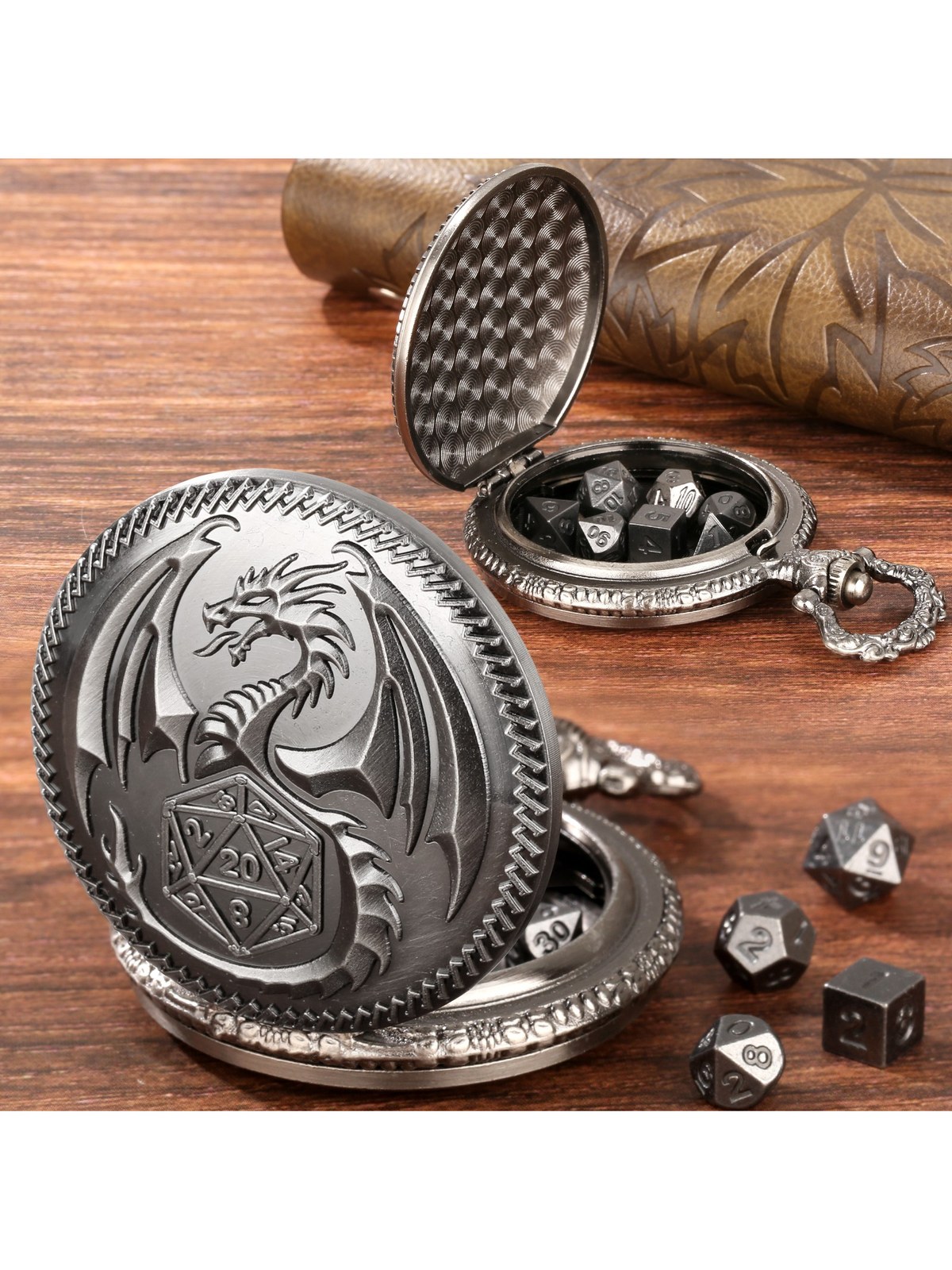 Dragon Pocket Watch Dice Case with 7-Piece Metal Dice Set, photo 4