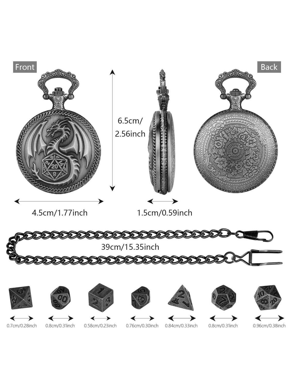 Dragon Pocket Watch Dice Case with 7-Piece Metal Dice Set, photo 5