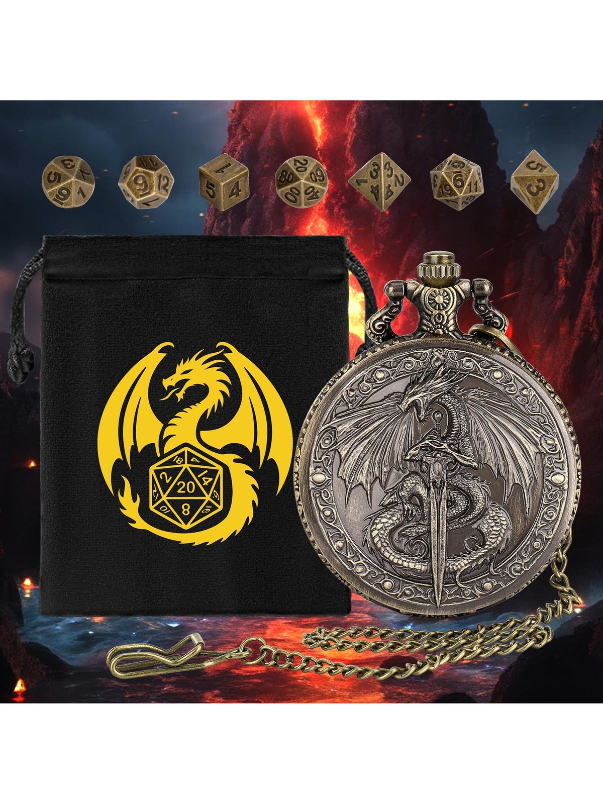 Dragon Relief Dice Case, Zinc Alloy Pocket Watch Style, Bronze Finish, photo 1