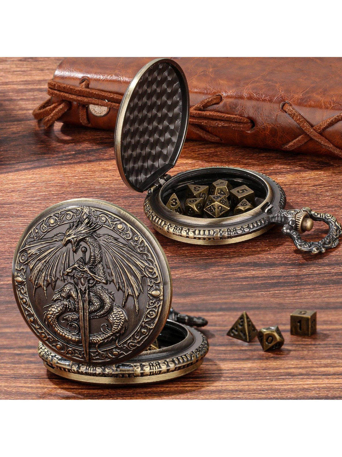 Dragon Relief Dice Case, Zinc Alloy Pocket Watch Style, Bronze Finish, photo 3