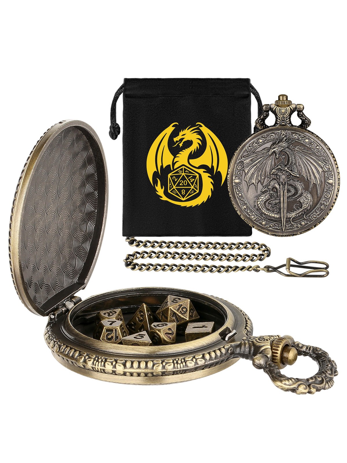 Dragon Relief Dice Case, Zinc Alloy Pocket Watch Style, Bronze Finish, photo 4