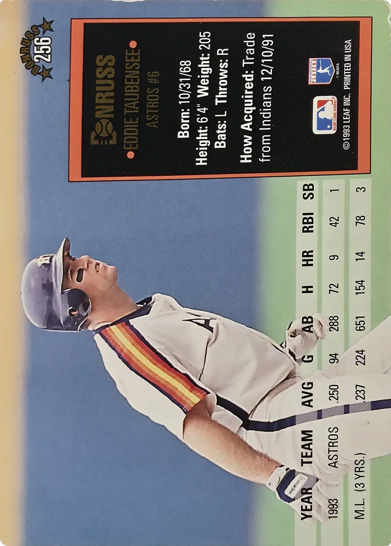 1994 Donruss Eddie Taubensee #256 Houston Astros, back