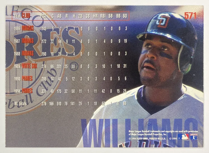 1995 Fleer Eddie Williams #571 San Diego Padres back